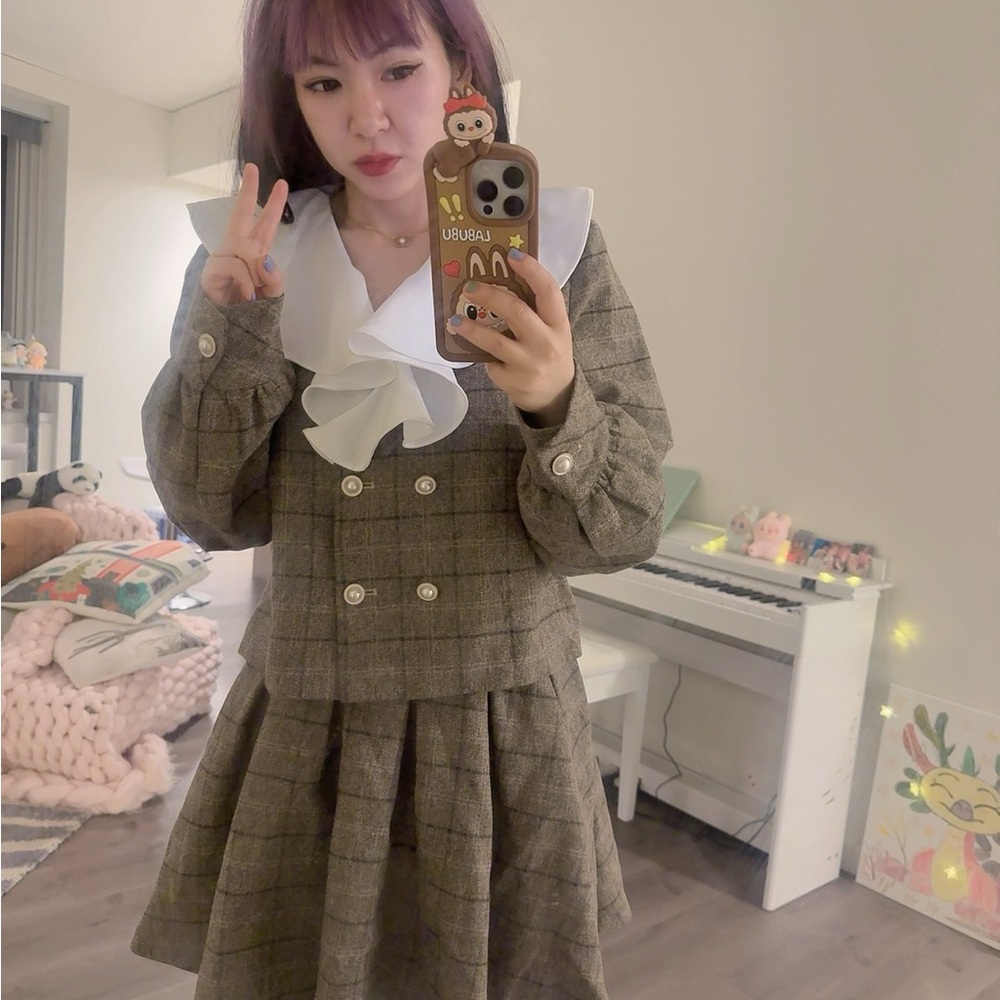 Green and Tan Mini Skater Jacket with Pleated Design